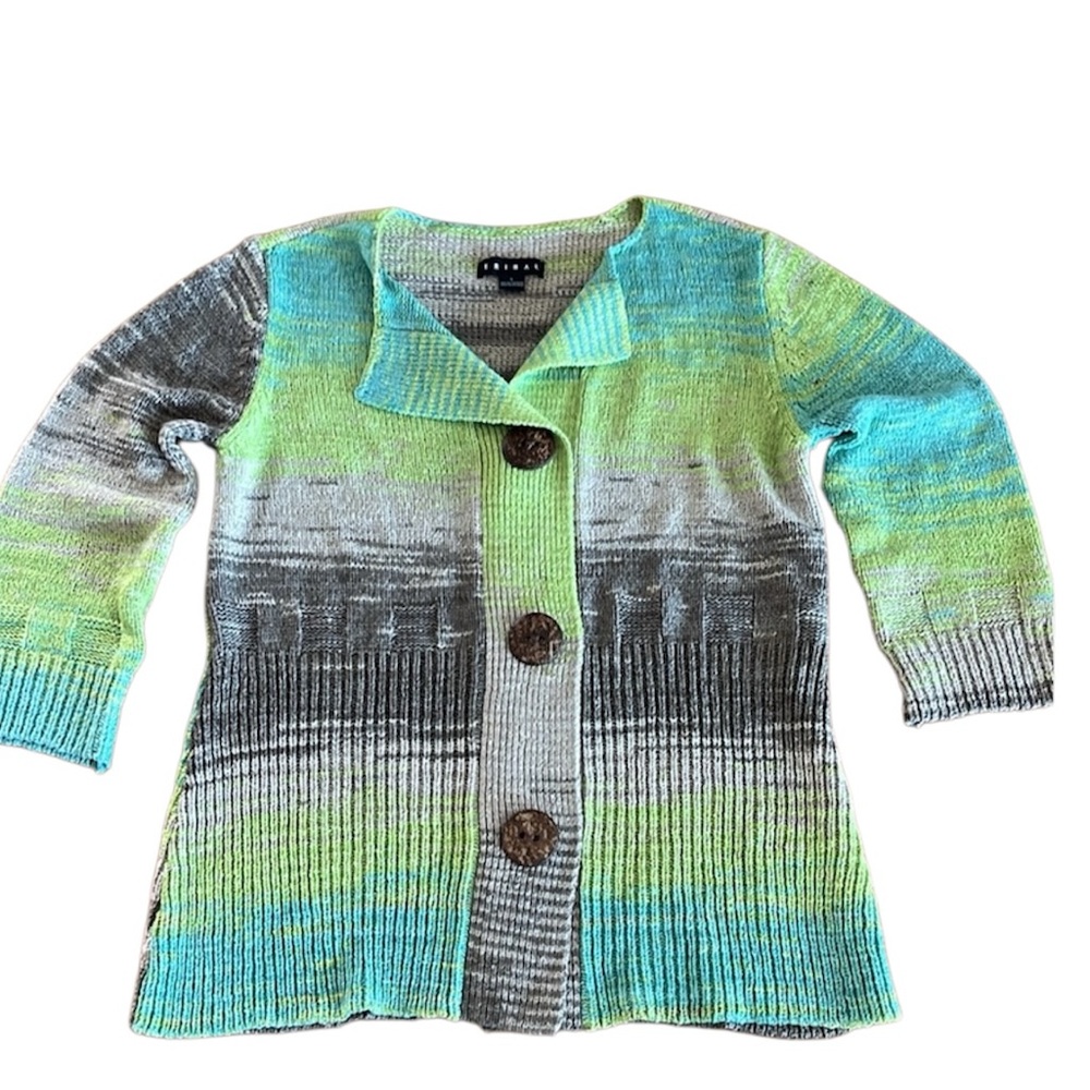 Tribal Multi-Color Cardigan, 3/4 Sleeves, Wood Buttons, All Seasons, Size L